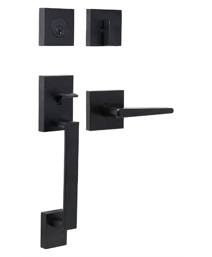 Winston two-piece entry handleset with interior lever, Black finish